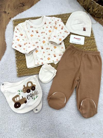 Traktör Değirmen Desenli Yenidoğan Erkek Bebek 5li Zıbın Set