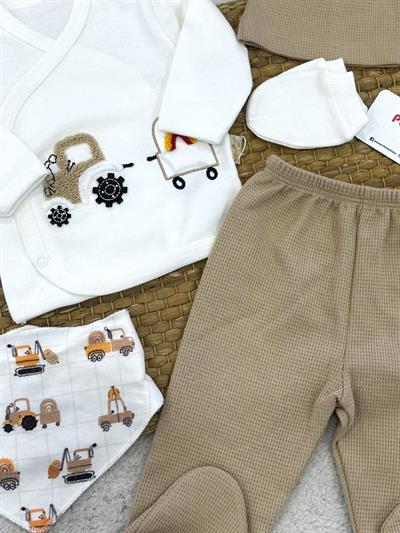 Traktör Nakışlı Yenidoğan Erkek Bebek 5li Zıbın Set