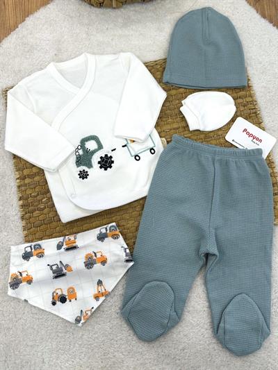 Traktör Nakışlı Yenidoğan Erkek Bebek 5li Zıbın Set