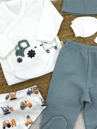 Traktör Nakışlı Yenidoğan Erkek Bebek 5li Zıbın Set