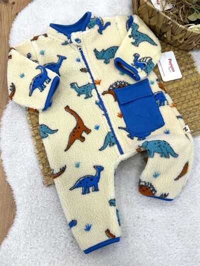 Dinozor Desenli Cepli Erkek Bebek Peluş Tulum (3-6/6-9/9-12 Ay)