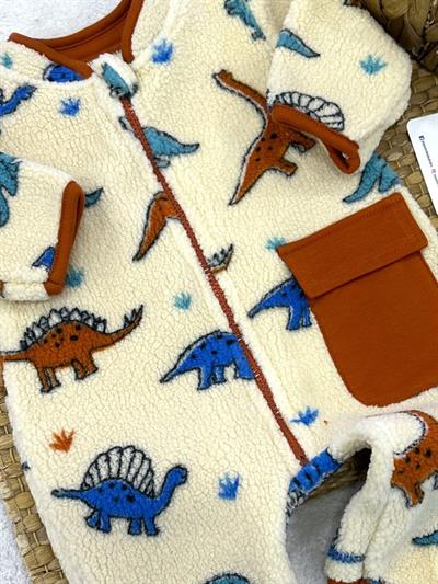 Dinozor Desenli Cepli Erkek Bebek Peluş Tulum (3-6/6-9/9-12 Ay)