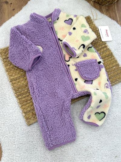 Kalp Desenli Cepli Kapşonlu Fermuarlı Kız Bebek Peluş Tulum (3-6/6-9/9-12 Ay)