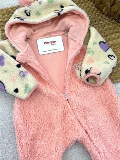 Kalp Desenli Cepli Kapşonlu Fermuarlı Kız Bebek Peluş Tulum (3-6/6-9/9-12 Ay)