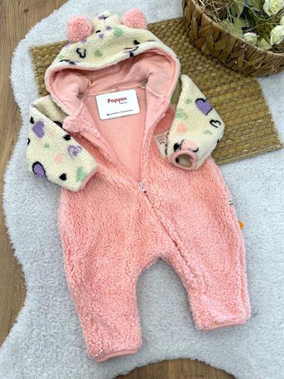 Kalp Desenli Cepli Kapşonlu Fermuarlı Kız Bebek Peluş Tulum (3-6/6-9/9-12 Ay)