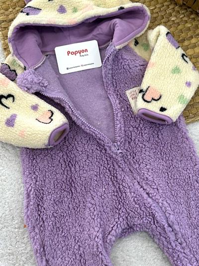 Kalp Desenli Cepli Kapşonlu Fermuarlı Kız Bebek Peluş Tulum (3-6/6-9/9-12 Ay)