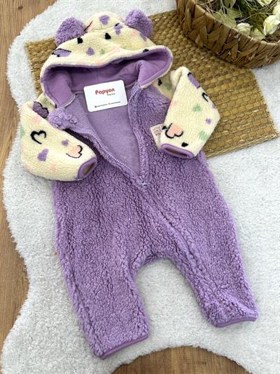 Kalp Desenli Cepli Kapşonlu Fermuarlı Kız Bebek Peluş Tulum (3-6/6-9/9-12 Ay)