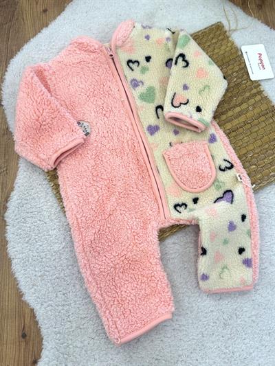 Kalp Desenli Cepli Kapşonlu Fermuarlı Kız Bebek Peluş Tulum (3-6/6-9/9-12 Ay)