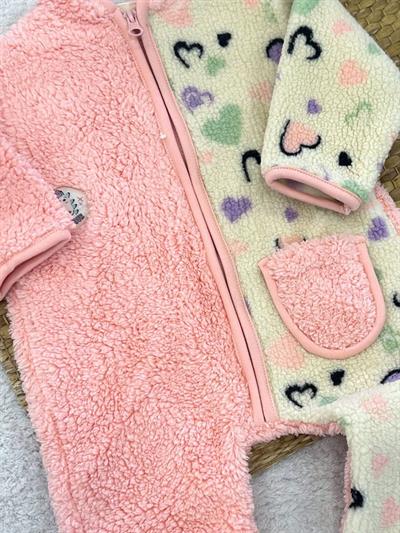 Kalp Desenli Cepli Kapşonlu Fermuarlı Kız Bebek Peluş Tulum (3-6/6-9/9-12 Ay)