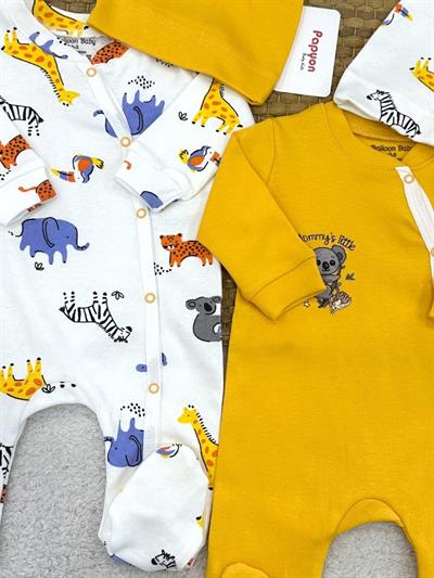 Safari Hayvanları Baskılı Erkek Bebek 2li Patikli Tulum Set 0-3/3-6 Ay