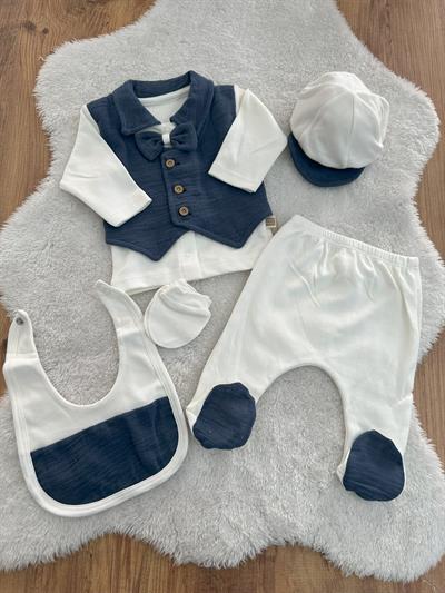 Sahte Yelekli Papyonlu Yenidoğan Erkek Bebek 5li Zıbın Set Hastane Çıkışı