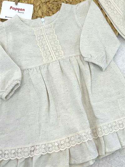 Dantelli Şapkalı Kız Bebek Keten Elbise (6-9/9-12/12-18/18-24 Ay)