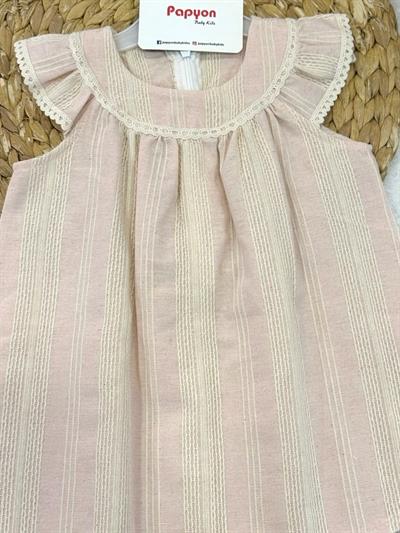 Dantelli Zincir Nakışlı Kız Bebek Keten Elbise (6-9/9-12/12-18/18-24/24-36 Ay)