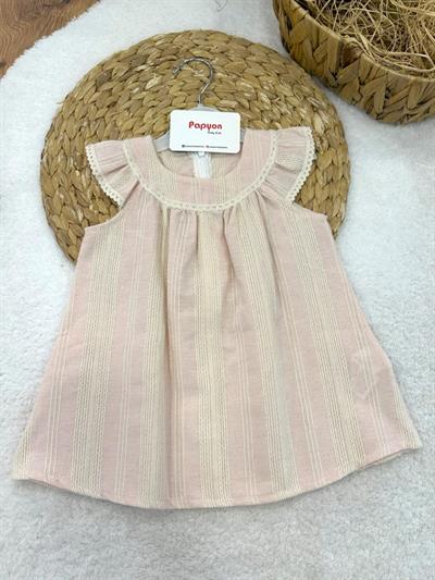 Dantelli Zincir Nakışlı Kız Bebek Keten Elbise (6-9/9-12/12-18/18-24/24-36 Ay)