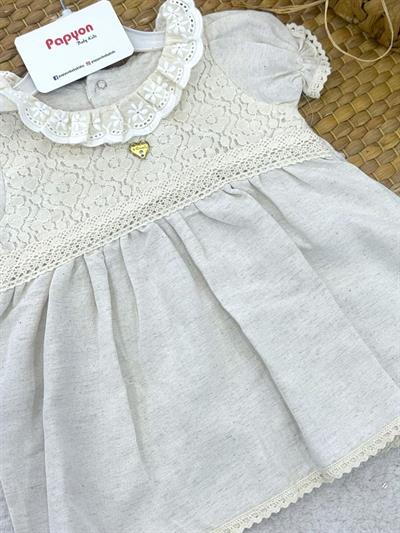 Güpür Yakalı Dantel İşlemeli Natural Kız Bebek Keten Elbise (6-9/9-12/12-18/18-24 Ay)