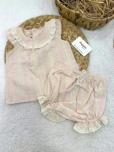 Güpürlü Yakalı Zincir Nakışlı Kız Bebek Keten Takım (6-9/9-12/12-18/18-24 Ay)