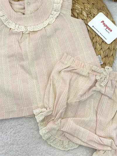 Güpürlü Yakalı Zincir Nakışlı Kız Bebek Keten Takım (6-9/9-12/12-18/18-24 Ay)