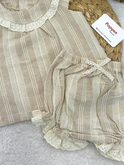 Güpürlü Yakalı Zincir Nakışlı Kız Bebek Keten Takım (6-9/9-12/12-18/18-24 Ay)