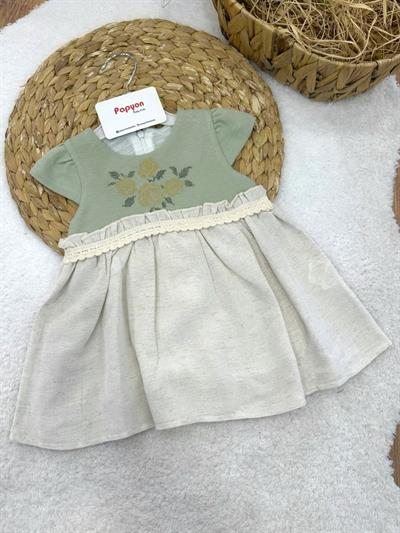 Kaneviçe Gül Nakışlı Kız Bebek Keten Elbise (6-9/9-12/12-18/18-24/24-36 Ay)