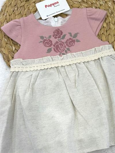 Kaneviçe Gül Nakışlı Kız Bebek Keten Elbise (6-9/9-12/12-18/18-24/24-36 Ay)