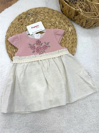 Kaneviçe Gül Nakışlı Kız Bebek Keten Elbise (6-9/9-12/12-18/18-24/24-36 Ay)