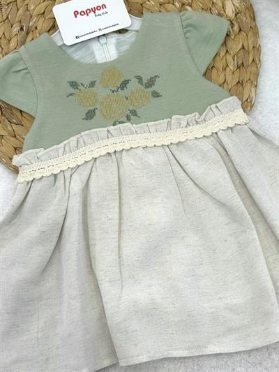 Kaneviçe Gül Nakışlı Kız Bebek Keten Elbise (6-9/9-12/12-18/18-24/24-36 Ay)