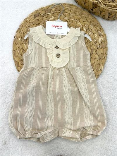 Müslin Yakalı Zincir Nakışlı Kız Bebek Keten Şort Tulum (0-3/3-6/6-9/9-12 Ay)