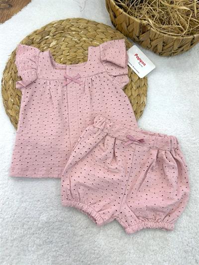 Önden Çıtçıtlı Fiyonklu Jakarlı Kız Bebek Şortlu Takım (6-9/9-12/12-18/18-24/24-36 Ay)