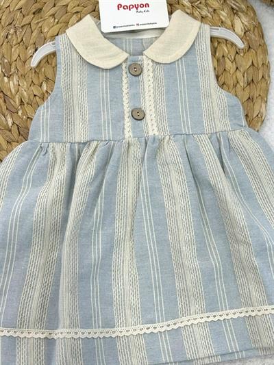 Yakalı Önden Düğmeli Dantelli Zincir Nakışlı Kız Bebek Keten Elbise (6-9/9-12/12-18/18-24/24-36 Ay)