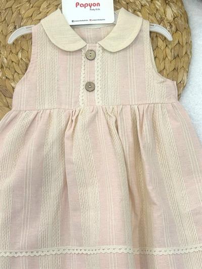 Yakalı Önden Düğmeli Dantelli Zincir Nakışlı Kız Bebek Keten Elbise (6-9/9-12/12-18/18-24/24-36 Ay)