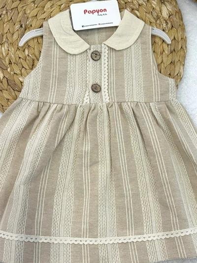 Yakalı Önden Düğmeli Dantelli Zincir Nakışlı Kız Bebek Keten Elbise (6-9/9-12/12-18/18-24/24-36 Ay)