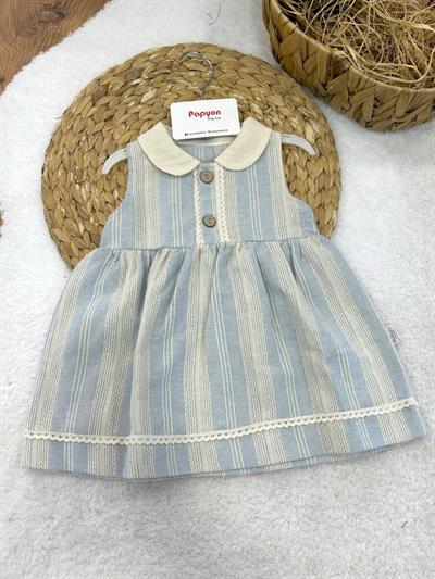 Yakalı Önden Düğmeli Dantelli Zincir Nakışlı Kız Bebek Keten Elbise (6-9/9-12/12-18/18-24/24-36 Ay)