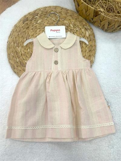 Yakalı Önden Düğmeli Dantelli Zincir Nakışlı Kız Bebek Keten Elbise (6-9/9-12/12-18/18-24/24-36 Ay)