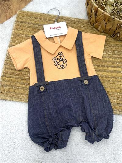 Ayıcık Nakışlı Pantolon Askılı Görünümlü Yakalı Erkek Bebek Yazlık Tulum (0-3/3-6/6-9 Ay)