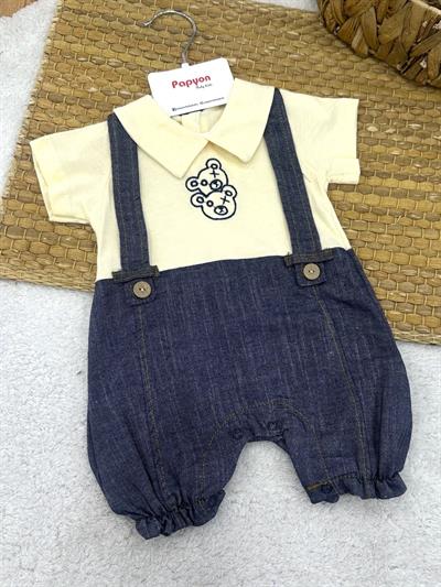 Ayıcık Nakışlı Pantolon Askılı Görünümlü Yakalı Erkek Bebek Yazlık Tulum (0-3/3-6/6-9 Ay)