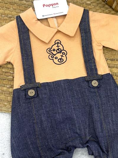 Ayıcık Nakışlı Pantolon Askılı Görünümlü Yakalı Erkek Bebek Yazlık Tulum (0-3/3-6/6-9 Ay)