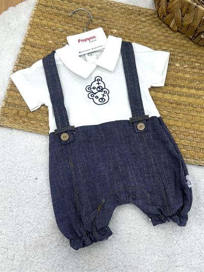 Ayıcık Nakışlı Pantolon Askılı Görünümlü Yakalı Erkek Bebek Yazlık Tulum (0-3/3-6/6-9 Ay)