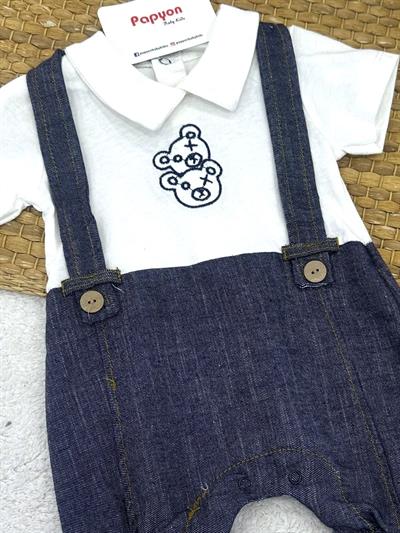 Ayıcık Nakışlı Pantolon Askılı Görünümlü Yakalı Erkek Bebek Yazlık Tulum (0-3/3-6/6-9 Ay)