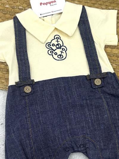 Ayıcık Nakışlı Pantolon Askılı Görünümlü Yakalı Erkek Bebek Yazlık Tulum (0-3/3-6/6-9 Ay)