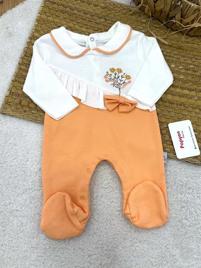 Çiçek Nakışlı Fırfırlı Fiyonklu Kız Bebek Tulum (0-3/3-6/6-9 Ay)