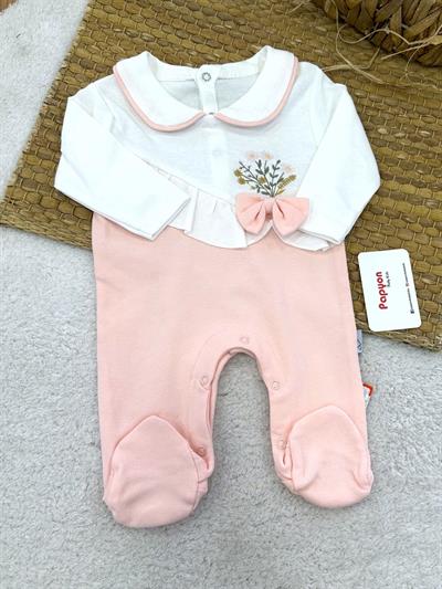 Çiçek Nakışlı Fırfırlı Fiyonklu Kız Bebek Tulum (0-3/3-6/6-9 Ay)