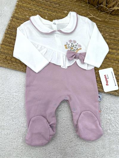 Çiçek Nakışlı Fırfırlı Fiyonklu Kız Bebek Tulum (0-3/3-6/6-9 Ay)