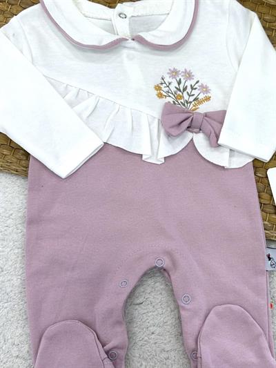 Çiçek Nakışlı Fırfırlı Fiyonklu Kız Bebek Tulum (0-3/3-6/6-9 Ay)
