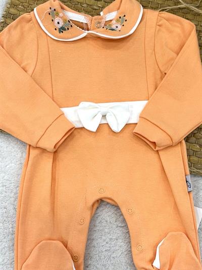 Çiçek Nakışlı Yakalı Fiyonklu Kız Bebek Tulum (0-3/3-6/6-9 Ay)