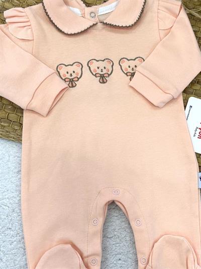 Fiyonklu Ayıcık Nakışlı Kız Bebek Tulum (0-3/3-6/6-9 Ay)