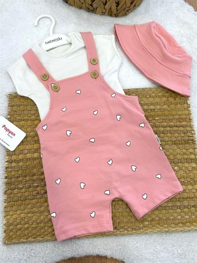 Kalp Baskılı Şort Salopet Şapka Badi Kız Bebek 3lü Takım (6-9/9-12/12-18 Ay)