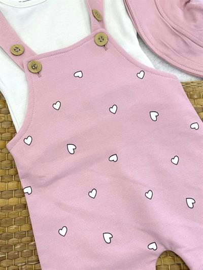 Kalp Baskılı Şort Salopet Şapka Badi Kız Bebek 3lü Takım (6-9/9-12/12-18 Ay)