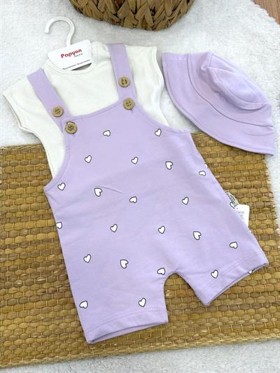 Kalp Baskılı Şort Salopet Şapka Badi Kız Bebek 3lü Takım (6-9/9-12/12-18/18-24 Ay)