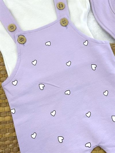 Kalp Baskılı Şort Salopet Şapka Badi Kız Bebek 3lü Takım (6-9/9-12/12-18/18-24 Ay)