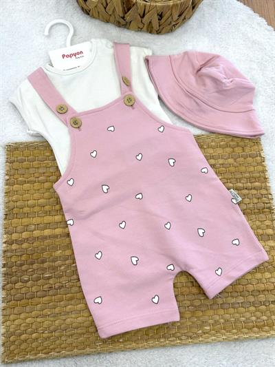 Kalp Baskılı Şort Salopet Şapka Badi Kız Bebek 3lü Takım (6-9/9-12/12-18 Ay)